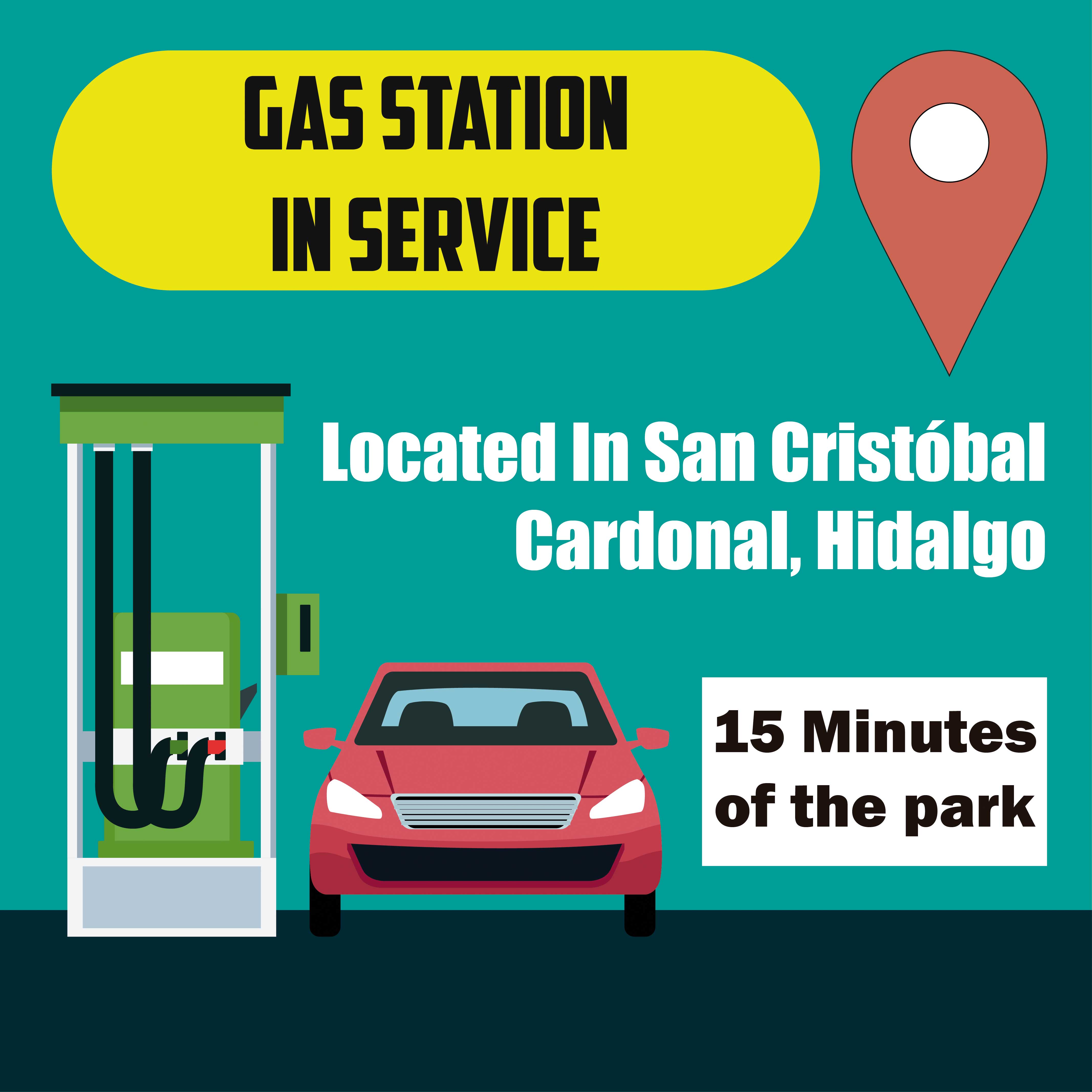 You can find a gas station service. It's a 15-minute drive from the park